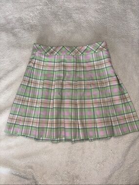 Sun-deh Pleated Plaid Mini Skirt in Pastel Green and Pink